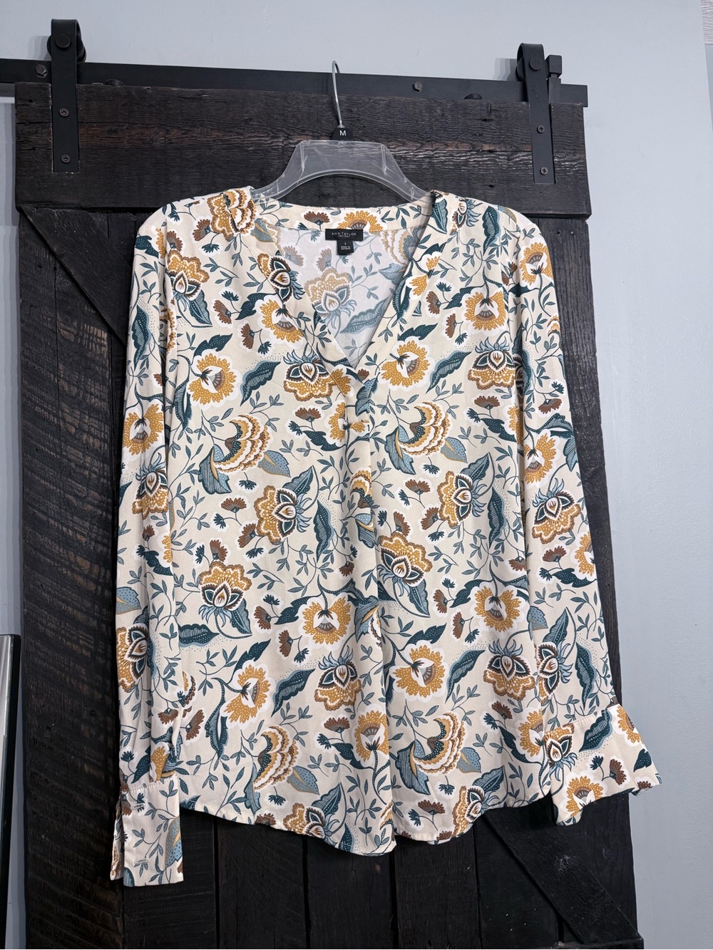 Ann Taylor Cream Floral V-Neck Blouse with Mustard and Teal Print